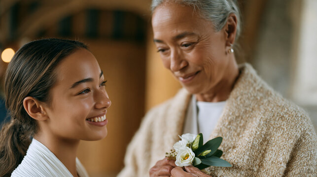 Grandmother helping a teenage granddaughter adjust a corsage pin before a wedding ceremony in a sunlit church hallway, intergenerational warmth exchanged through quiet gesture,