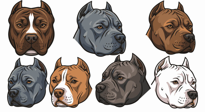 A collection of eight stylized portraits of powerful dog breeds, each depicted with a muscular build