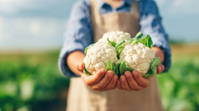 Person holding fresh cauliflower in a field during daylight hours