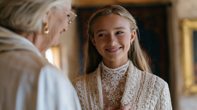 Grandmother helping a teenage granddaughter adjust a corsage pin before a wedding ceremony in a sunlit church hallway, intergenerational warmth exchanged through quiet gesture,