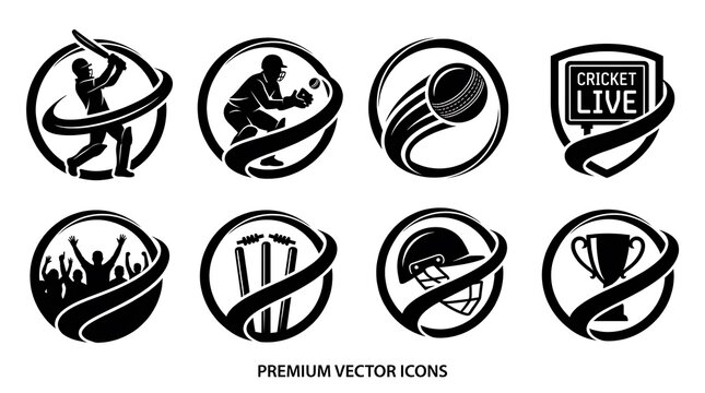 Black cricket vector icons set And, Cricket 2026, Cricket 2027, ICC Cricket 2027, ICC T20 World Cup, IPL 2026, Asia Cup	