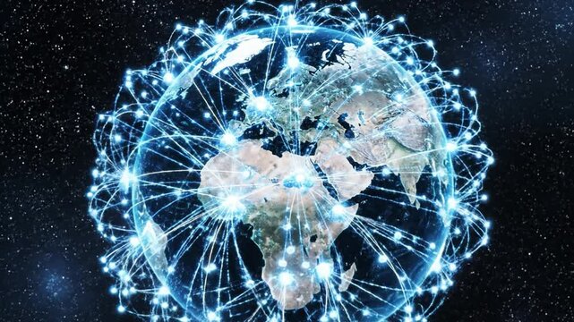 Digital globe network connection with cloud nodes worldwide showing global data exchange and communication across continents futuristic technology concept bright blue light points linking continents