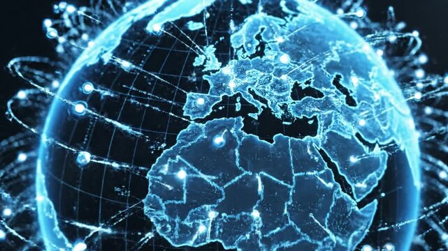 Digital globe network connection glowing earth with cloud nodes linking continents, global communication technology and data transfer showcasing futuristic glowing network and digital technology