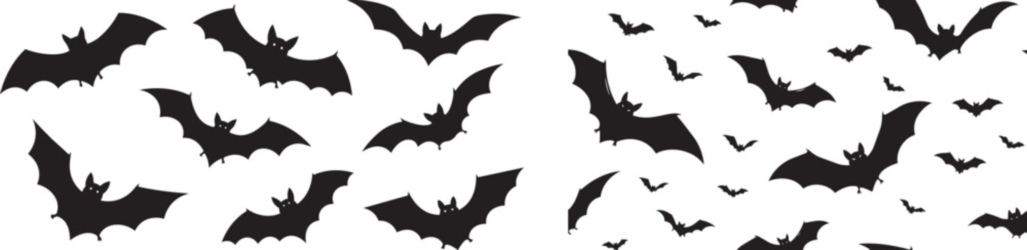 Halloween bat silhouettes seamless pattern set, black flying bats on white background vector, spooky nocturnal animal wallpaper for holiday decor