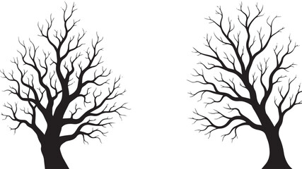 Fototapeta premium Bare winter tree silhouettes with leafless branches, black dead tree vector set, spooky forest landscape elements for halloween design