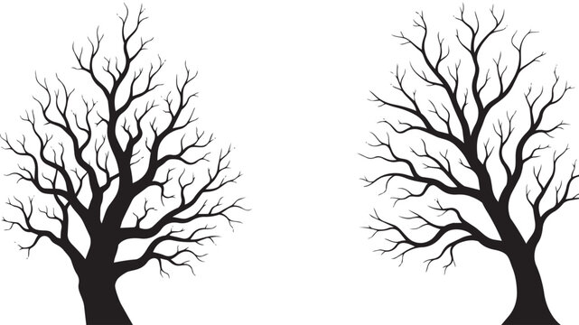 Bare winter tree silhouettes with leafless branches, black dead tree vector set, spooky forest landscape elements for halloween design