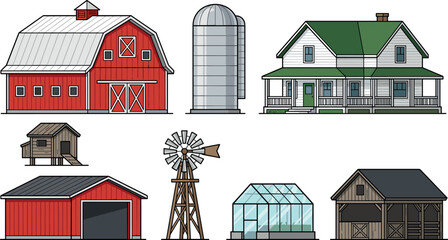 Classic American Farm Buildings Infrastructure Set Featuring Red Barn Farmhouse Silo Windmill Greenhouse and Chicken Coop for Agriculture Graphic Designs © Mdsahidul