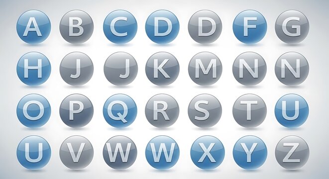 Alphabet letters in glossy blue and white tiles.