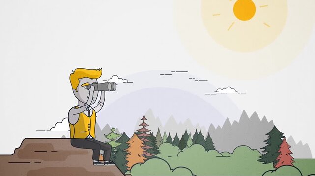 Businessman Sitting on Hill Looking Through Binoculars for Corporate Vision 2D Animation
