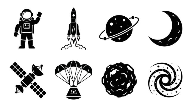 Set of space icons, astronaut, rocket, planet, moon, satellite