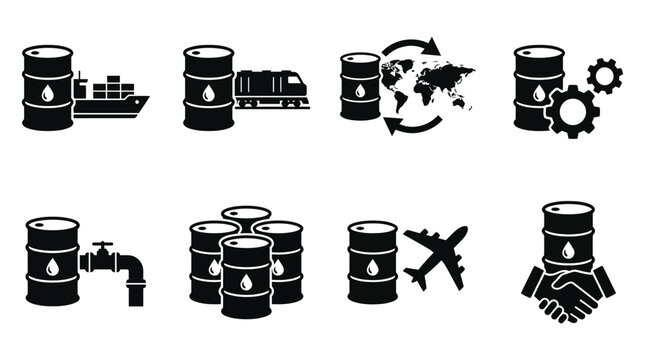 Oil industry icons set, oil barrel transportation and production