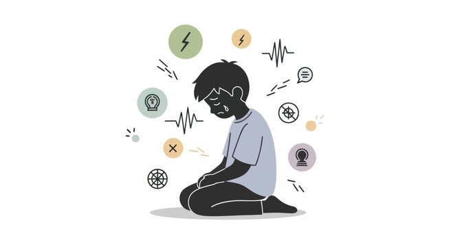 Young boy feeling sad and overwhelmed by thoughts.