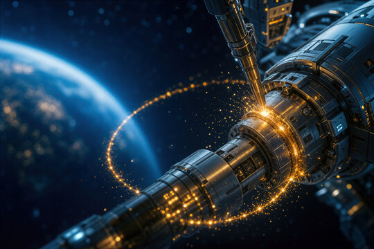 Orbital welding milestone in space manufacturing glowing gold weld bead connecting spacecraft components with sparks forming orbital path above Earth commercial space station innovation