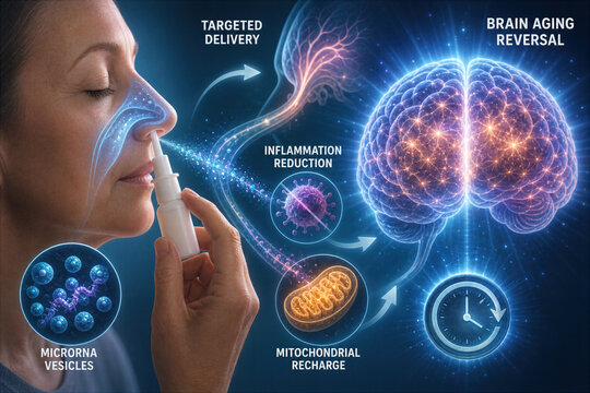 Brain aging reversal nasal spray delivering microRNA packed vesicles for targeted delivery inflammation reduction mitochondrial recharge and neural regeneration therapy concept illustration