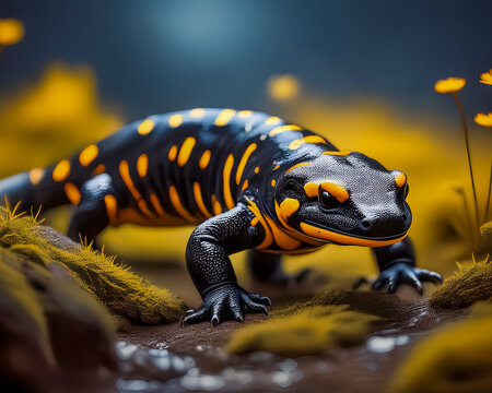 Ein schwarz gelber Feuersalamander kricht &uuml;ber den Erdboden