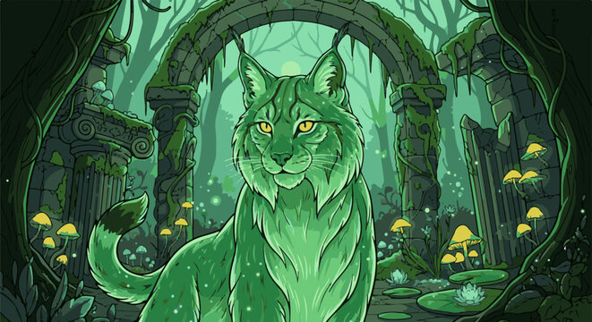 Mystical lynx in overgrown ancient ruins, surrounded by glowing mushrooms