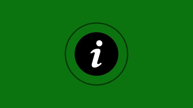 Animated information circle icon looping motion graphic element, black UI info symbol, help desk about sign, user interface meta data button on green background 4k video loop.