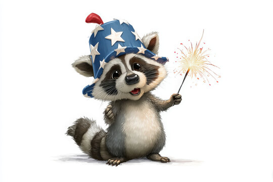 Patriotic raccoon celebrating with a sparkler