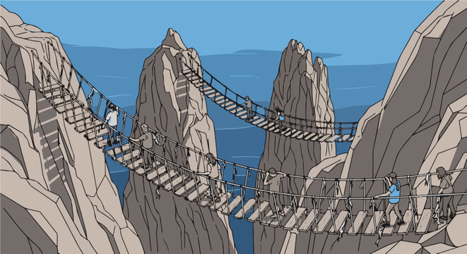 People traverse precarious rope bridges spanning deep chasms between rocky peaks