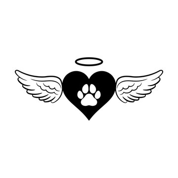 Dog paw on heart with angel wings and halo svg cut file. Isolated vector illustration.
