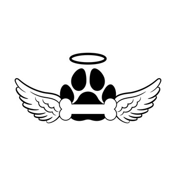 Dog paw with angel wings and halo and bone svg cut file. Isolated vector illustration.