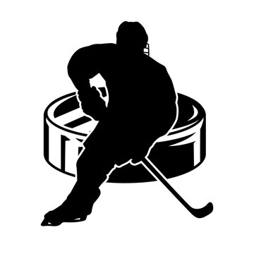 Hockey player on puck svg cut file. Isolated vector illustration.