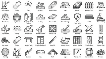 Fototapeta premium Collection of line icons related to wood and woodworking processes