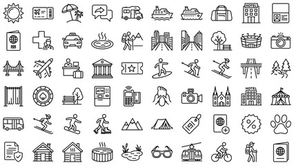 Fototapeta premium Collection of travel and tourism related line icons on white background