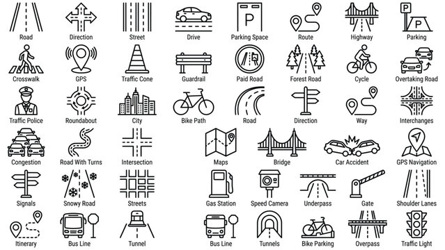 Collection of road and transportation icons and signs on transparent background