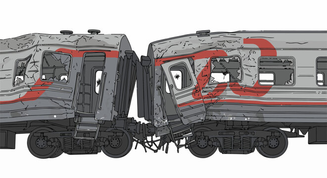 Damaged train carriages with broken windows and bent metal