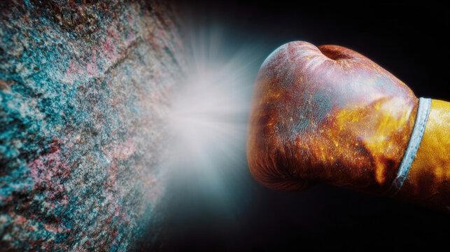 Boxing glove strikes colorful wall during intense training session in gym