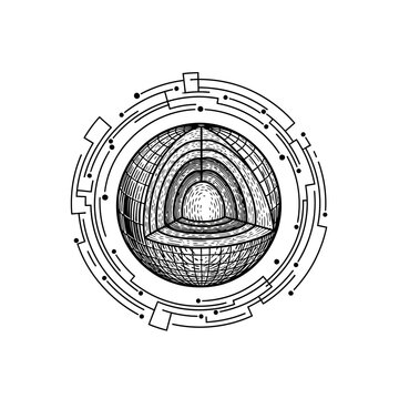 Earth Core Cross Section Diagram with Digital Network Overlay