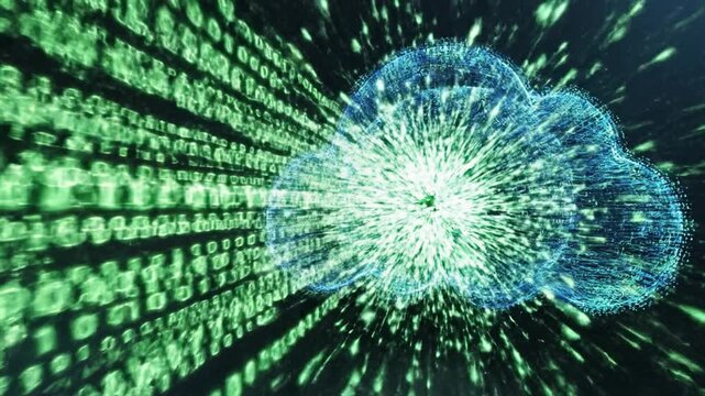 Cloud computing data transfer with glowing binary code and digital network connection concept featuring encrypted technology and futuristic digital network security visualization
