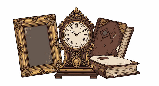 An ornate antique clock stands between a framed picture and old books