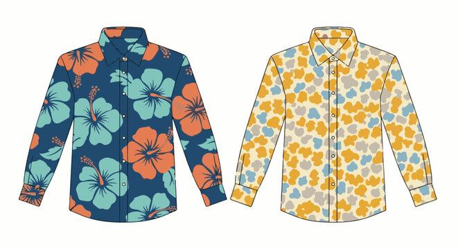 Two long-sleeved button-up shirts, one with floral print, other with abstract pattern