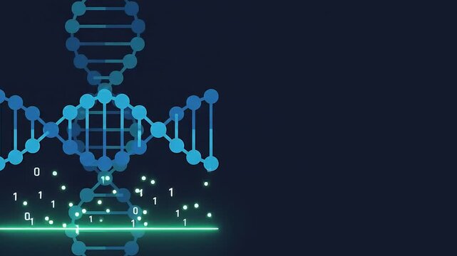 Futuristic DNA Double Helix Scan Animation with Binary Data and Particle Effects on Dark Background
