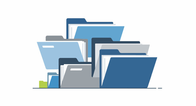 A neat stack of blue, gray, and green folders, some open to reveal white paper inserts