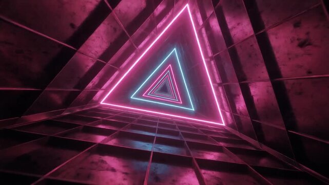 Abstract tunnel with glowing neon pink and blue triangular light frames.
