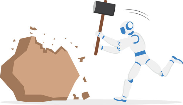 White futuristic robot breaking a rock with a hammer