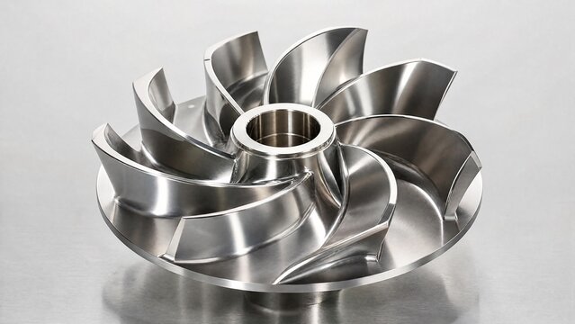 Stainless steel impeller with metallic reflections under industrial lighting.