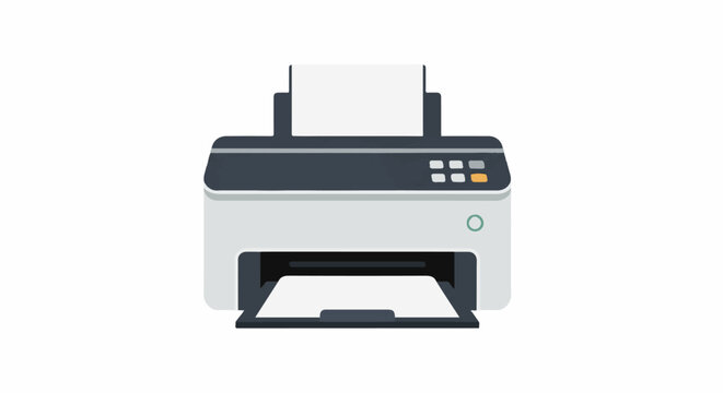 A modern gray and black printer with paper loaded in the input and output trays