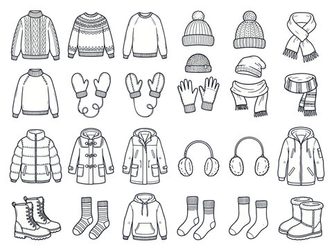 Collection of Hand-Drawn Winter Clothing and Accessories.