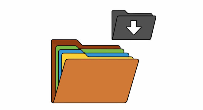 A stack of colorful file folders and a separate folder with a download icon