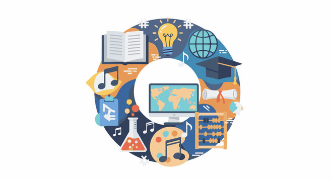 Diverse educational icons artfully arranged in a circle
