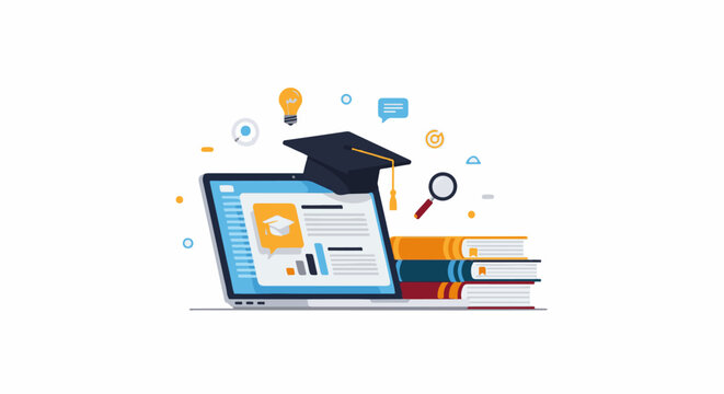 Digital learning tools including laptop, books, and graduation cap