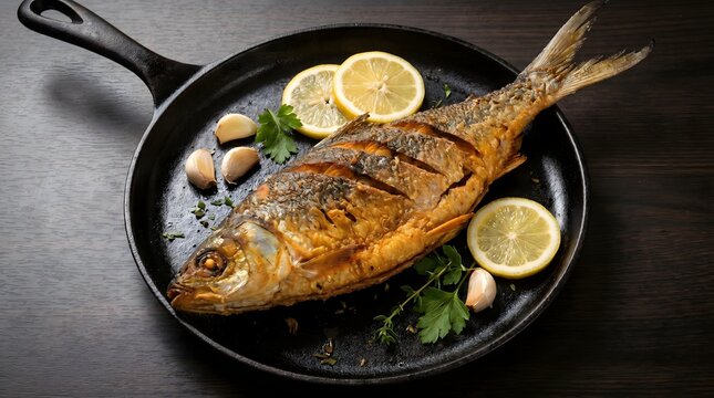 Whole roasted milkfish in a skillet