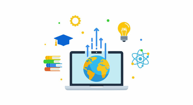 Digital learning and research icons laptop, globe, books, graduation cap, bulb, atom, gear