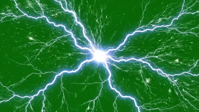 Bright energy burst radiating outwards with crackling blue lightning on a vibrant green background.