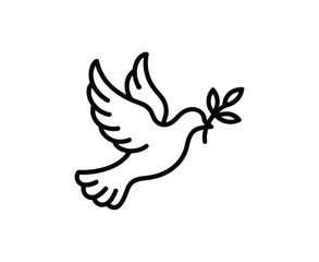 Fototapeta premium Dove icon illustration with olive branch in its beak flying freely