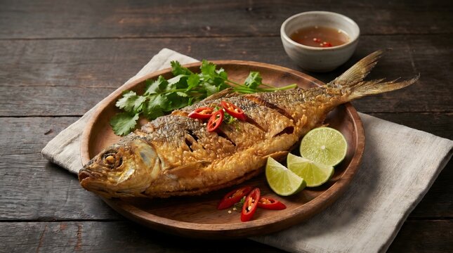 Crispy seafood dish with lime and chili, fried milkfish platter with herbs